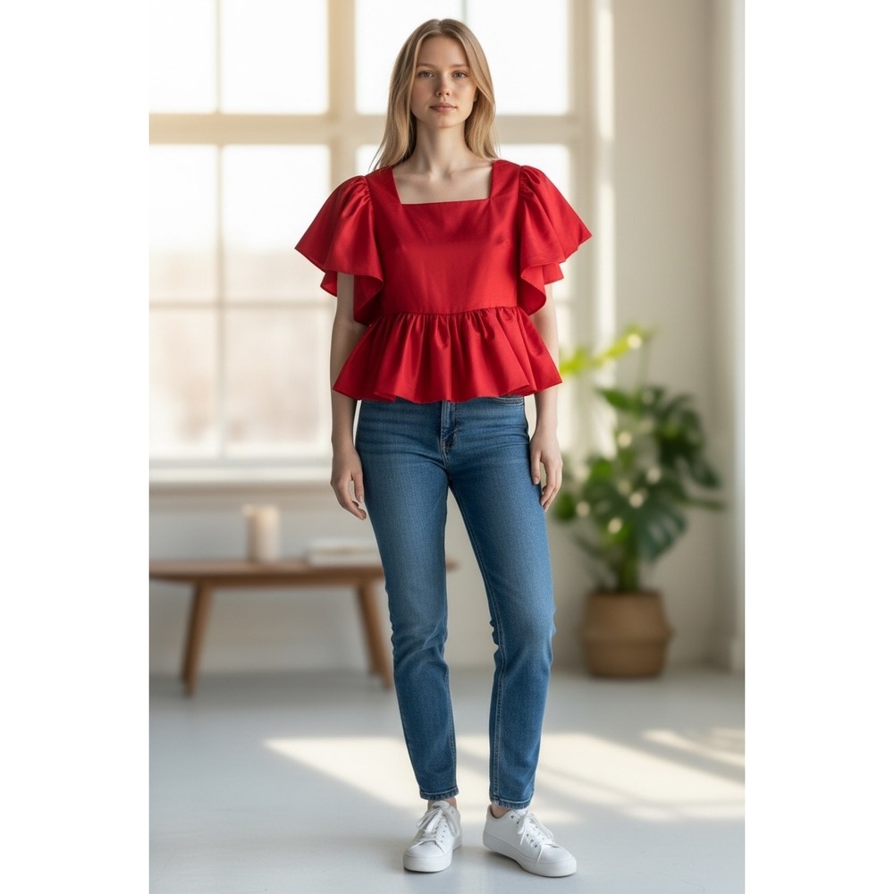 Sunday in Brooklyn Red Flutter Sleeve Peplum Top Square Neck Cottagecore M NWT